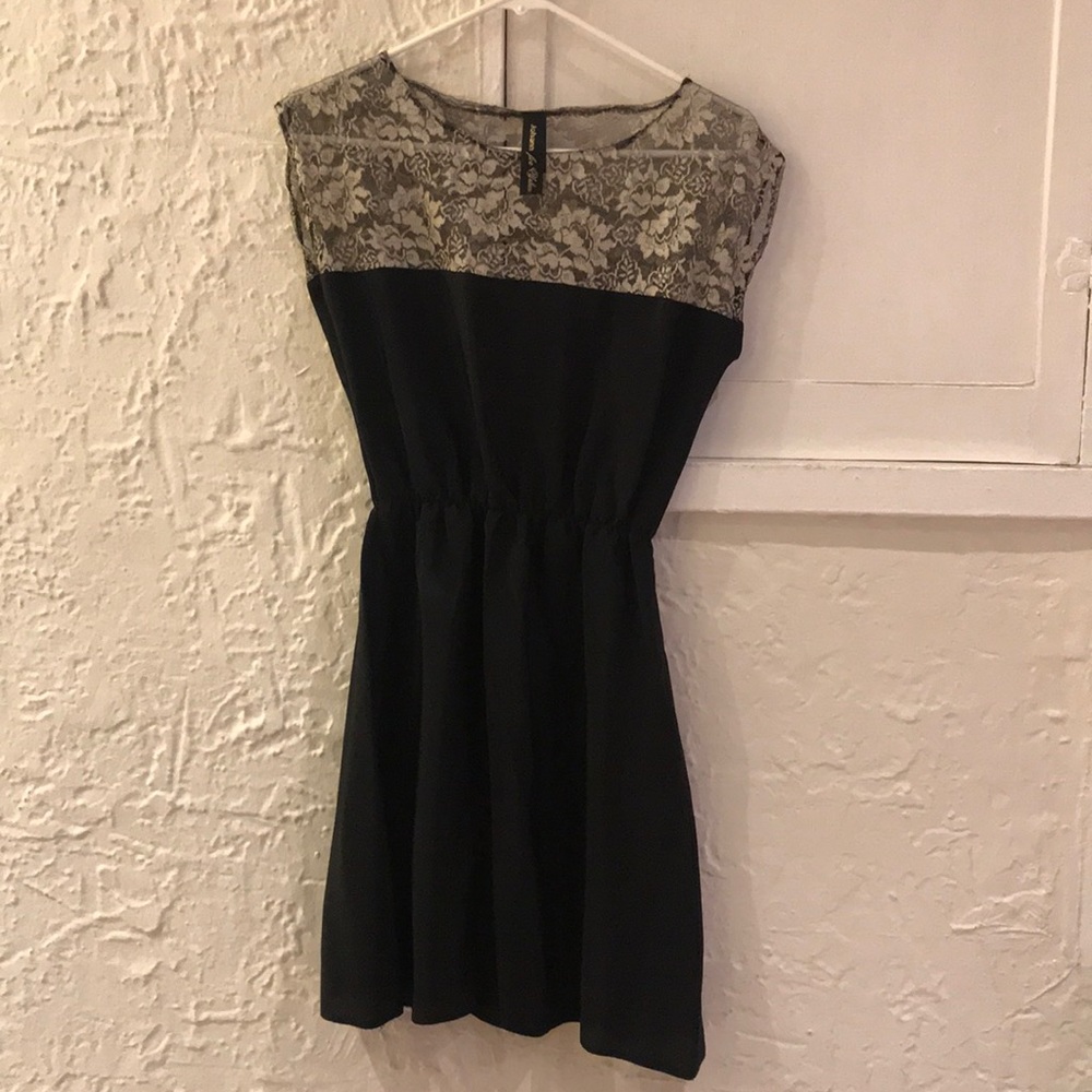 Short black dress with cream/silver lace overlay